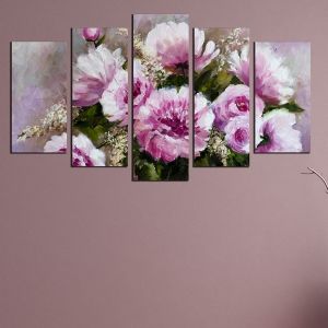 0258_1 Wall art decoration (set of 5 pieces) Purple flowers