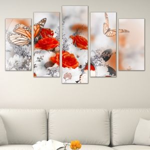 0630 Wall art decoration (set of 5 pieces) Roses and butterflies