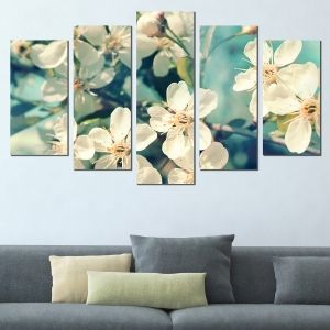 0722 Wall art decoration (set of 5 pieces) Blooming branches on blue background