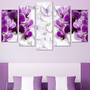 0752 Wall art decoration (set of 5 pieces) 3D Orchids, butterflies and diamonds