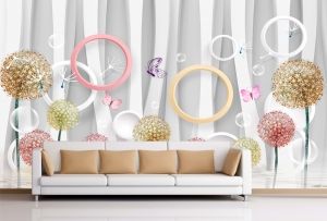 T9067 Wallpaper 3D Circles, dandelions and butterflies