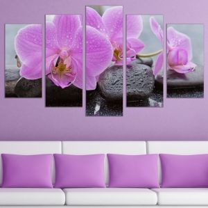 0758 Wall art decoration (set of 5 pieces) Zen composition with orchids and stones