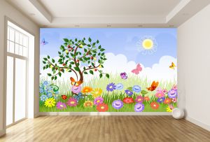 T9088 Wallpaper Summer landscape with tree, sun and flowers