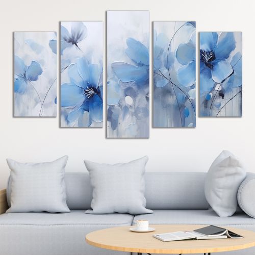 0966 Wall art decoration (set of 5 pieces) Blue flowers