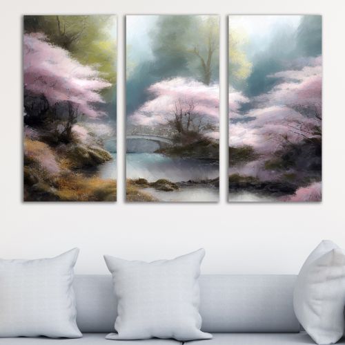 0985 Wall art decoration (set of 3 pieces) Spring japanese garden