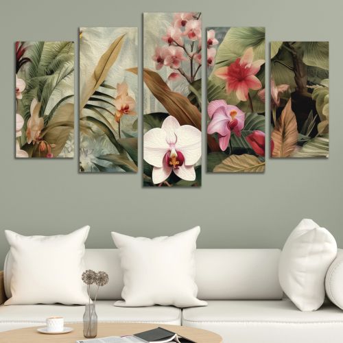 9233  Wall art decoration (set of 5 pieces) Tropical orchids