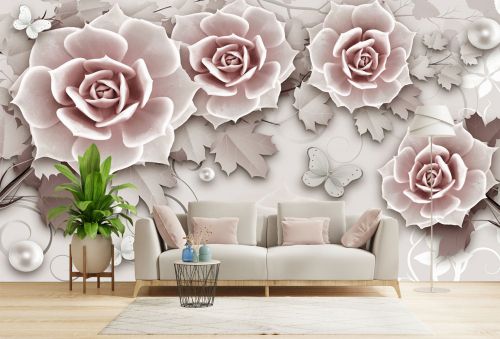T9309 Wallpaper 3D Romantic roses, Pearls and Butterflies
