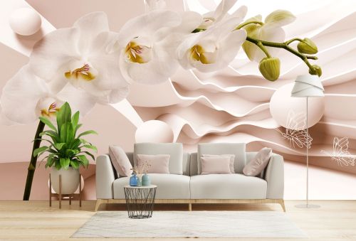 T9312 Wallpaper 3D White Orchids abstraction