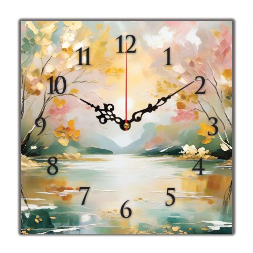 Стенен часовник с принт Абстракция с Езеро и Дървета в меки пастелни тонове за дома C1075_1 