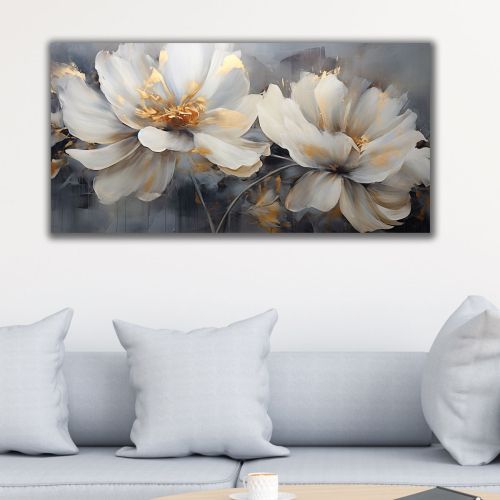 1092 Wall art decoration White flowers and gold accents