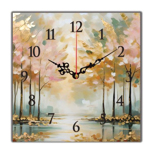 C1079_1 Clock with print Abstract landscape with trees in warm shades