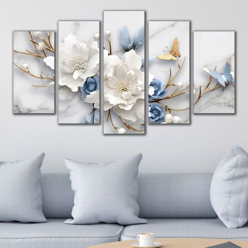 0750  Wall art decoration (set of 5 pieces) White orchids on brown background for living room