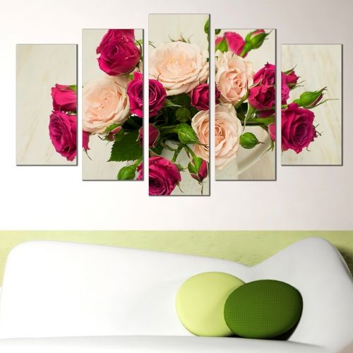 wall art canvas decoration set with roses in a vase