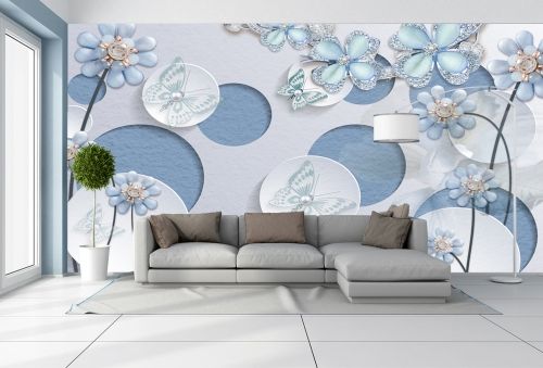 T9062 Wallpaper 3D Circles, flowers and jewelry