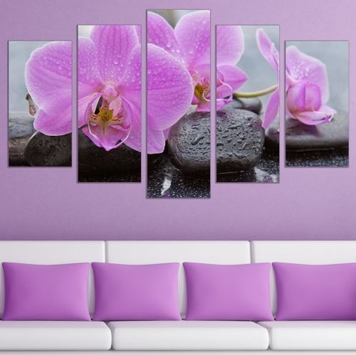 0758 Wall art decoration (set of 5 pieces) Zen composition with orchids and stones