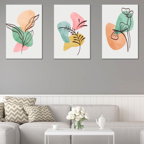 0800 Wall art decoration (set of 3 pieces) Abstract leaves in pastel colors