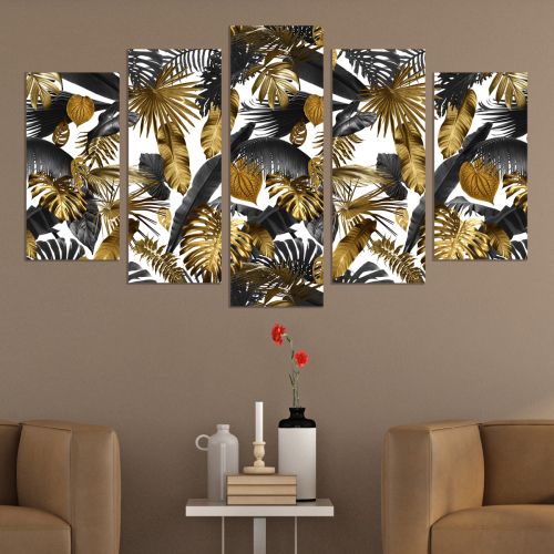 0835  Wall art decoration (set of 5 pieces) Golden leaves for living room