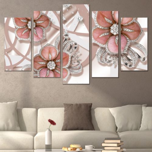 0750  Wall art decoration (set of 5 pieces) White orchids on brown background for living room