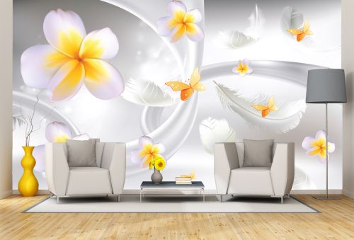 T9199 Wallpaper 3D Abstraction with flowers and feathers