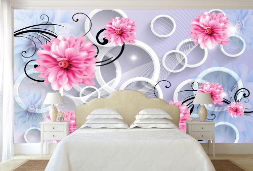 T9204 Wallpaper 3D Abstraction with flowers and circles