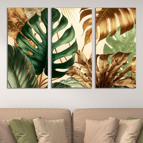 0947 Wall art decoration (set of 3 pieces) Tropical leaves in green and gold