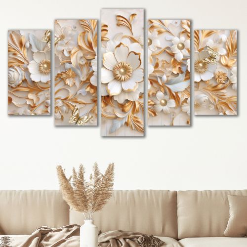 0750  Wall art decoration (set of 5 pieces) White orchids on brown background for living room