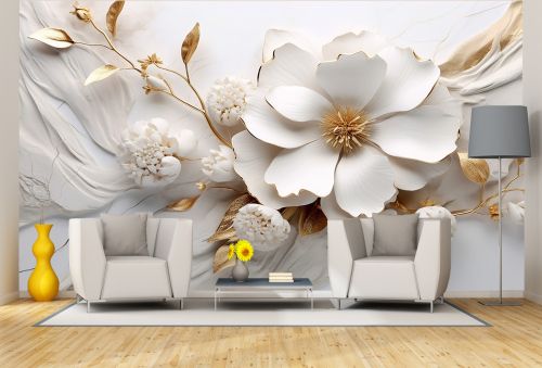 T1001 Wallpaper 3D Flowers white and gold