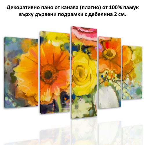 0665 Wall art decoration (set of 5 pieces) Art flowers yellow and orange