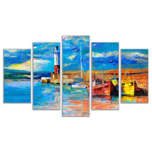 0445 Wall art decoration (set of 5 pieces) Lighthouse and boats