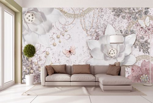 T9305 Фототапет 3D Абстракция с бели цветя, перли и пеперуди за хол