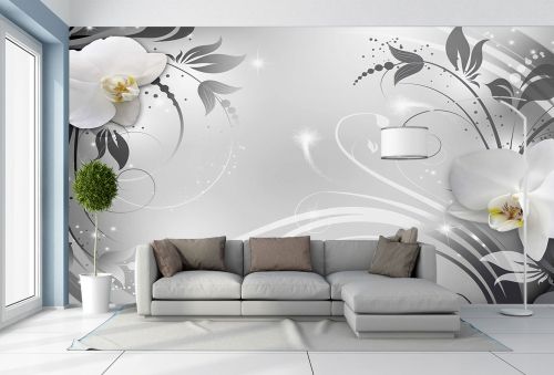 T9308 Фототапет 3D Бели орхидеи и сребристи орнаменти за хол