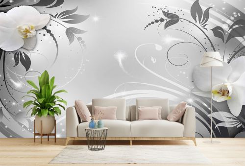 T9308 Фототапет 3D Бели орхидеи и сребристи орнаменти за офис