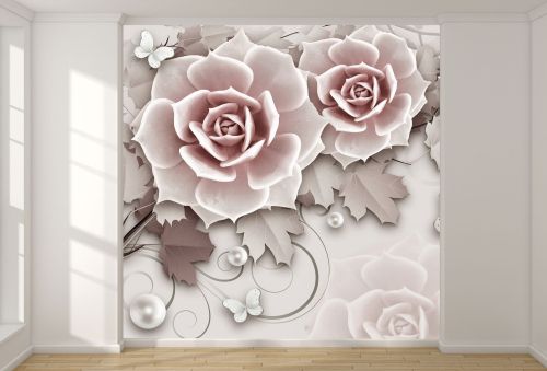 T9309 Фототапет 3D Романтични рози, перли и пеперуди за студио за красота