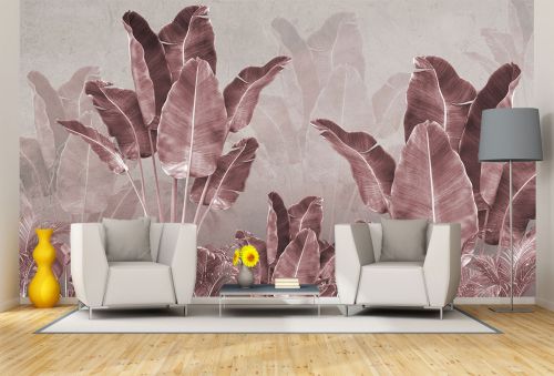 T9311 Wallpaper Pink tropical leaves