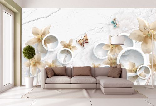 T9340 Фототапет 3D Цветя и пеперуди върху мраморен фон за хол