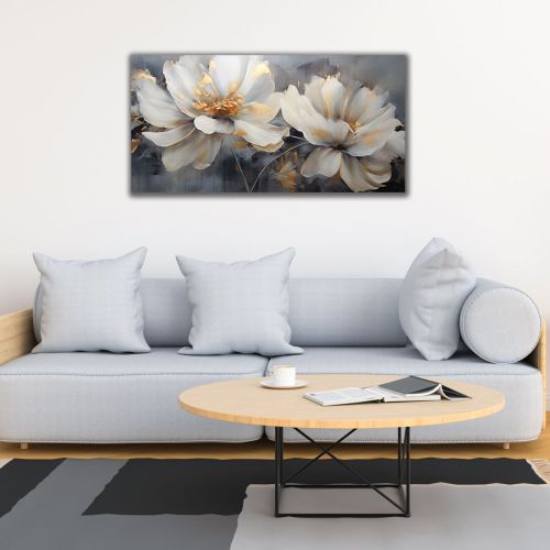 1092 Wall art decoration White flowers and gold accents