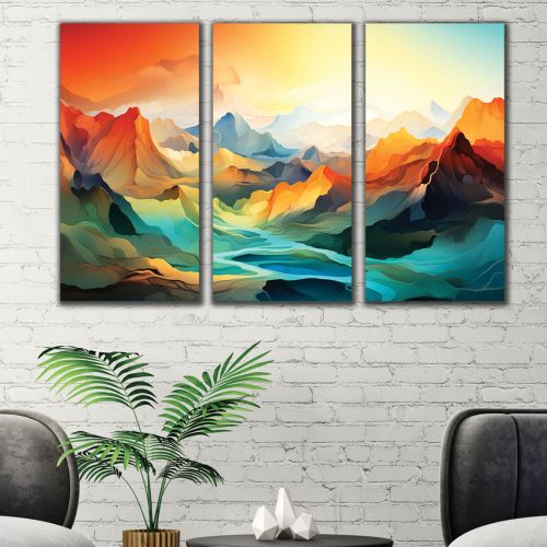 1095 Wall art decoration (set of 3 pieces) Abstract mountain landscape - Sunrise over the silence