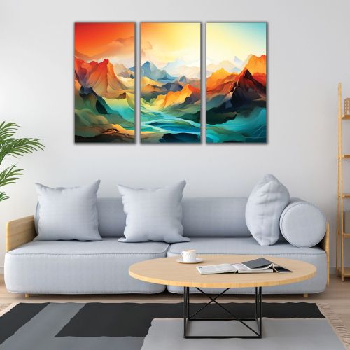 1095 Wall art decoration (set of 3 pieces) Abstract mountain landscape - Sunrise over the silence