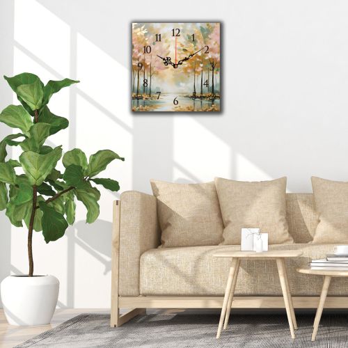 C1079_1 Clock with print Abstract landscape with trees in warm shades