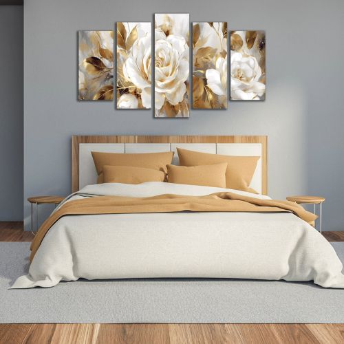 1102  Wall art decoration (set of 5 pieces) White rose in golden glow