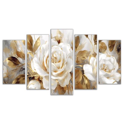 1102  Wall art decoration (set of 5 pieces) White rose in golden glow