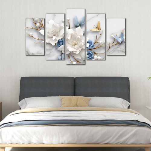 0750  Wall art decoration (set of 5 pieces) White orchids on brown background for bedroom
