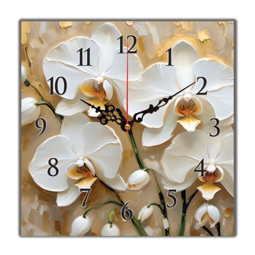 C1085_1 Clock with print White orchids on a warm golden background