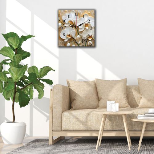 C1085_1 Clock with print White orchids on a warm golden background