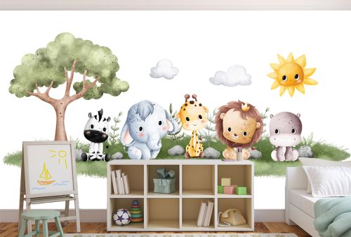 T9354 Wallpaper Watercolor animals in pastel tones