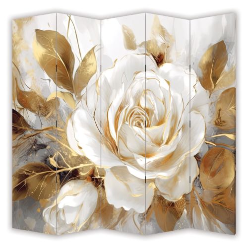 P1102 Декоративен параван Бяла роза в златно сияние (3, 4, 5 или 6 части)