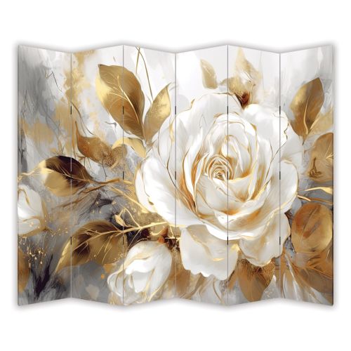P1102 Декоративен параван Бяла роза в златно сияние (3, 4, 5 или 6 части)