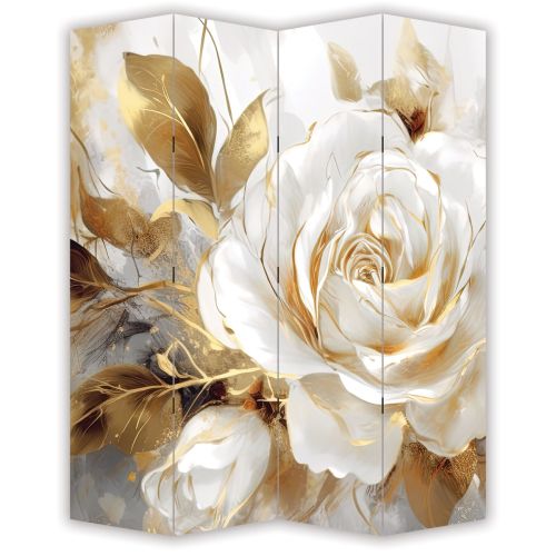 P1102 Декоративен параван Бяла роза в златно сияние (3, 4, 5 или 6 части)