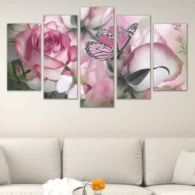 0630 Wall art decoration (set of 5 pieces) Roses and butterflies