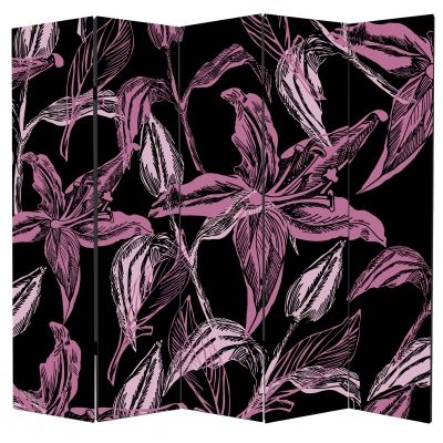 P0133_3 Decorative Screen Room divider Abstract flowers in purple and black (3,4,5 or 6 panels)